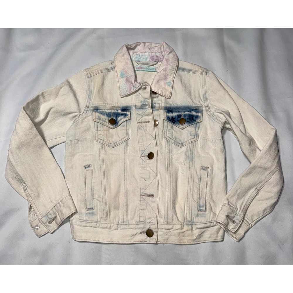 Aereal by Low Seas Girls Denim Jacket Size 12 Bleached Tie Dye Pastel Trucker